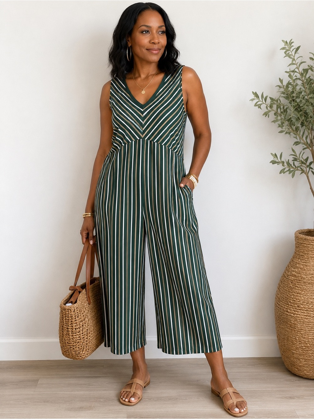 Cuddl Duds Flexwear Sagebrush Stripe Wide Leg V-Neck Jumpsuit Sz TM Pockets Chic
